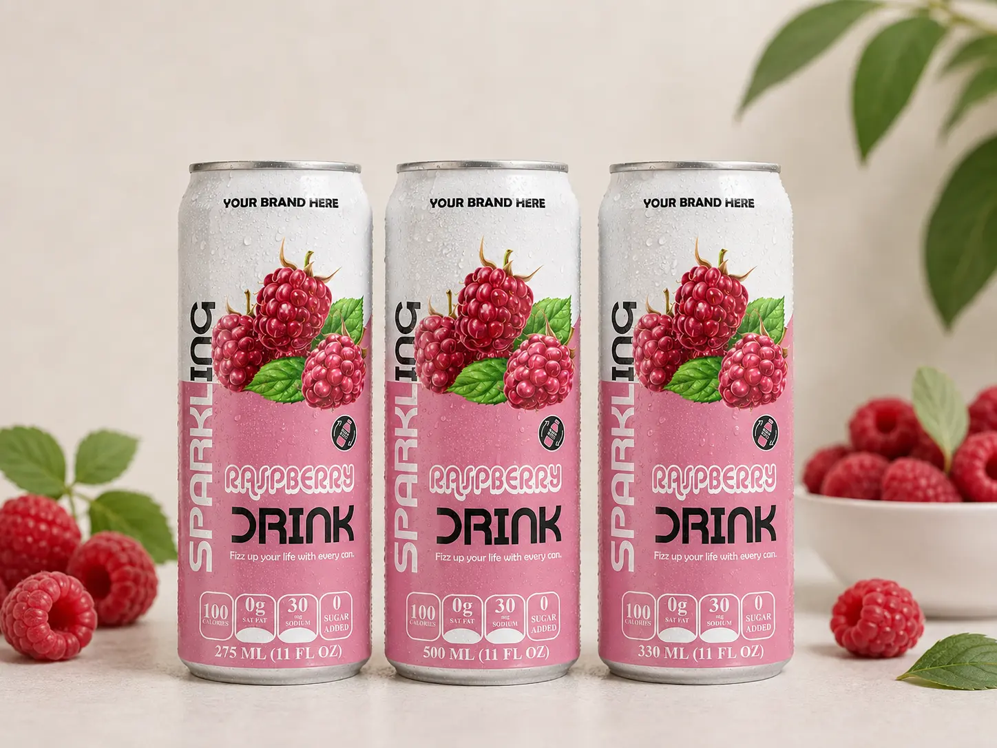 SPARKLING DRINK Raspberry Flavored Drink in 275ml, 500ml, and 330ml cans.